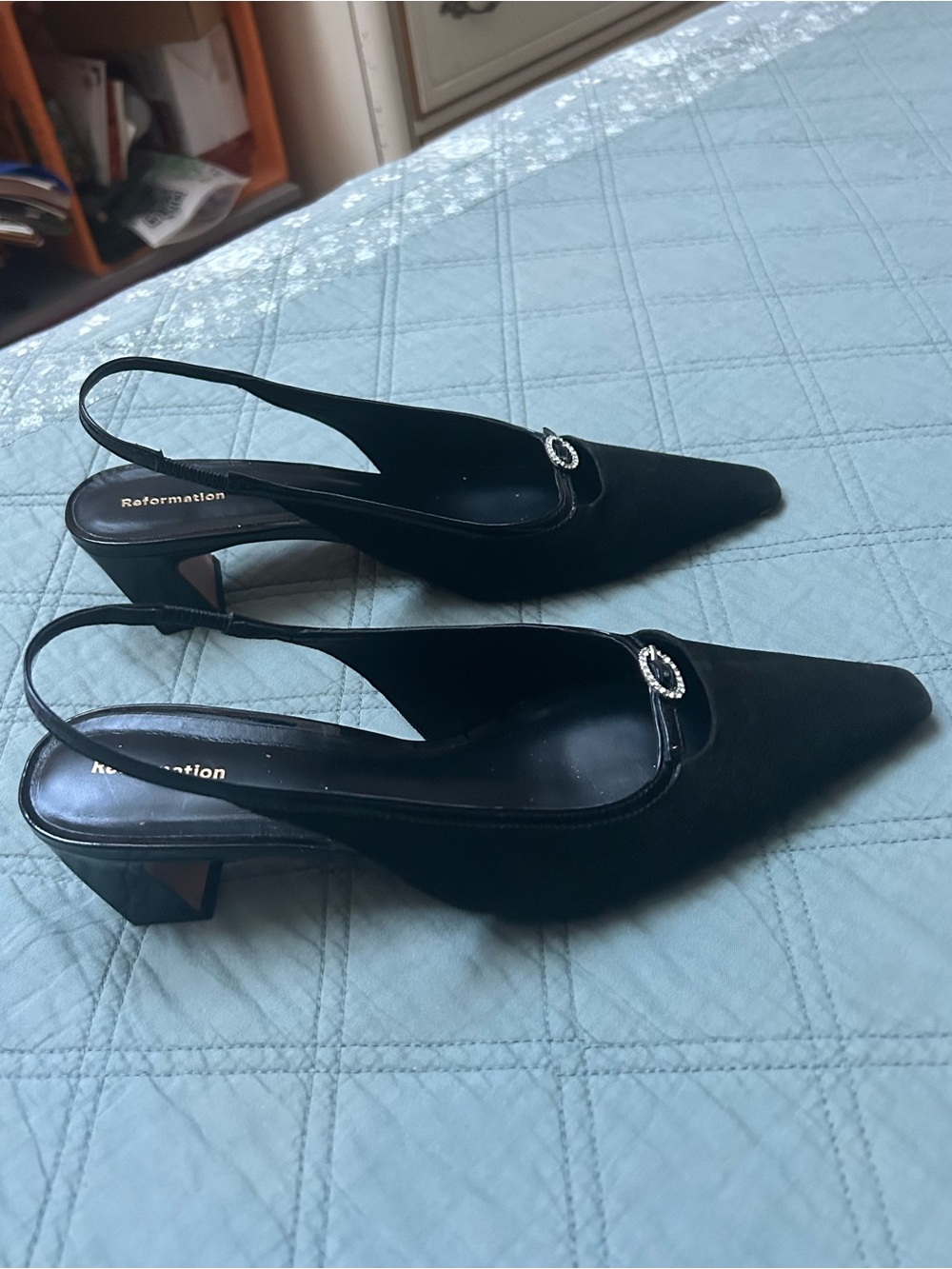 Reformation Nazanin Slingback Heel - Black Suede Pointed Block Kitten Heel - Picture 2 of 5